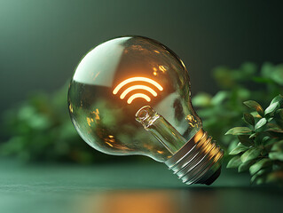  a bright green light bulb containing a light bulb with a glowing green plant leaf and a white wifi signal emanating from its center.