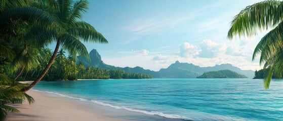 Tropical beach with clear water, palm trees, and distant mountains under a blue sky.