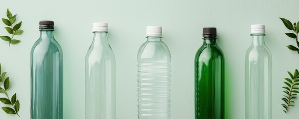 Various transparent plastic bottles arranged on a green background with leaves.