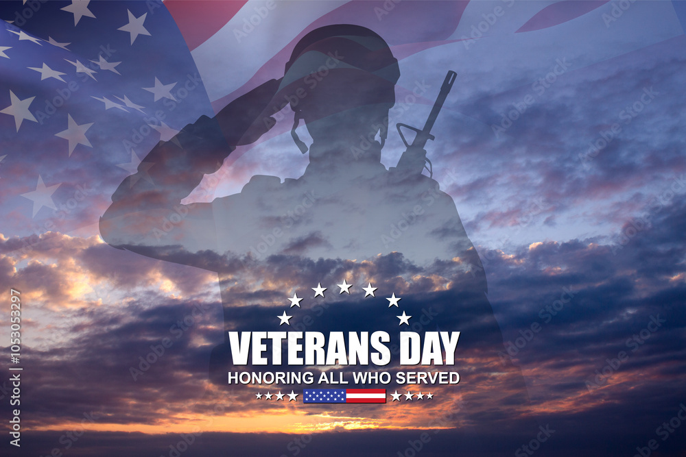 Silhouette of a soldier with USA flag against the sunset. Veterans ...