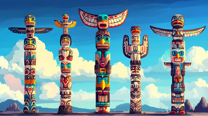 Wall Mural - Colorful totem poles against blue sky and clouds. Native American Totem Poles. Illustration