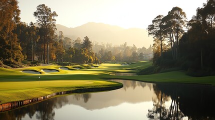 Serene golf course with lush green grass and reflective water at sunrise.