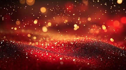 Wall Mural - elegant red festive background with golden glitter and sparkling stars, perfect for holiday celebrat