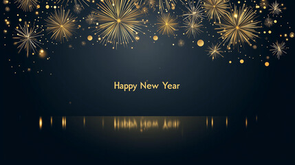 Wall Mural - 2025 New Year Abstract golden fireworks and golden gradient numbers on dark blue background, banner 