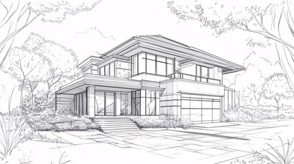 Wall Mural - Architectural Sketch of Modern House with Landscaping