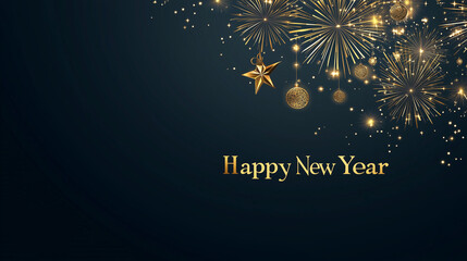 Wall Mural - 2025 new year abstract golden fireworks and golden gradient numbers on dark blue background, banner