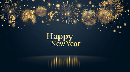 Wall Mural - 2025 new year abstract golden fireworks and golden gradient numbers on dark blue background, banner