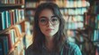 © Chatchanan - Portrait of a beautiful and smart young woman with hipster glasses, surrounded by books