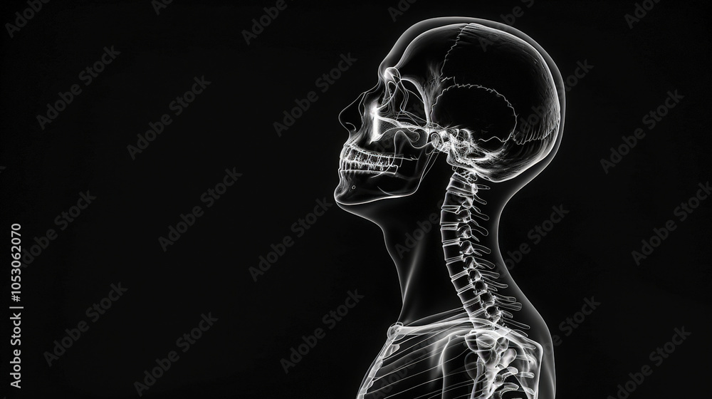 X ray image of human skull and spine, showcasing detailed anatomical ...
