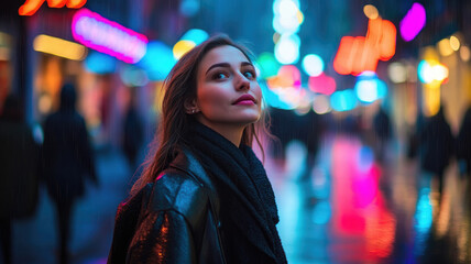 Young woman in neon-lit city street at night with colorful lights and reflections