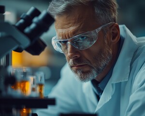 Aufkleber - Focused Senior Microbiologist Examining Samples in a Modern Laboratory Setting – Perfect for World Health Day and National Science Day
