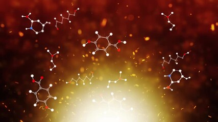 Poster - dangerous abstract chemical molecules loop motion on fire red background.
