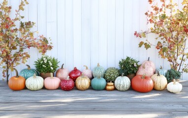 Canvas Print - Autumn Pumpkins and Gourds on Rustic Wooden Surface for Thanksgiving and Halloween Stock