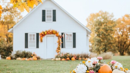 Wall Mural - Charming Farmhouse with Autumn Decorations and Pumpkins - Perfect for Thanksgiving and Halloween Stock Imagery