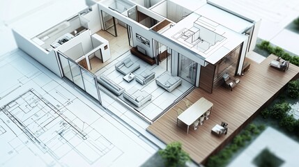 Wall Mural - Architectural Model of Modern House with Blueprint