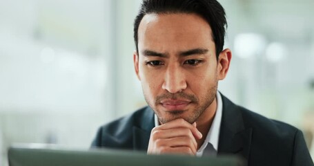 Fototapete - Reading, thinking and man in office with laptop checking email, schedule idea or online review for business plan. Research, article and businessman with website for connectivity, report and computer