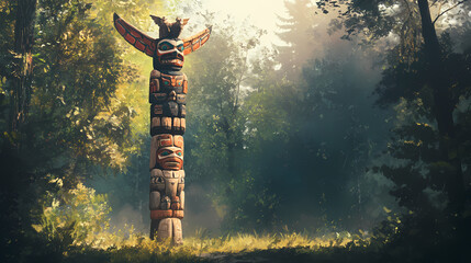 Poster - Native american totem pole, with carved animal spirits, standing tall in a forest, under soft natural light. Native American Totem Poles. Illustration