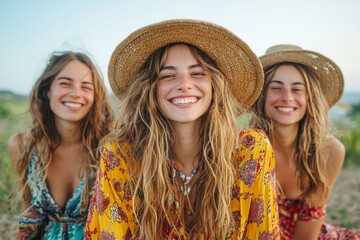 Three young women smiling together while enjoying a sunny day in a countryside field wearing colorful summer outfits and wide-brimmed hats