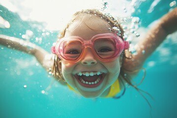 A joyful child swims underwater in a bright pool, wearing colorful goggles and smiling playfully during a sunny summer day