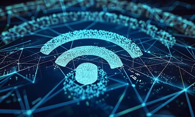 Sticker - 3d render of a blue connection symbol on a digital background, a technology concept with a wireless 