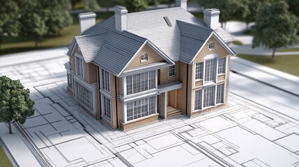 Wall Mural - House Model on Architectural Blueprint