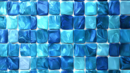 Poster - Seamless blue mosaic tile pattern, featuring a mix of light and dark blue squares, creating a vibrant and textured aquatic design. Ceramic Mosaic. Illustration