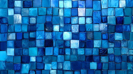 Poster - Seamless blue mosaic tile pattern, featuring a mix of light and dark blue squares, creating a vibrant and textured aquatic design. Ceramic Mosaic. Illustration