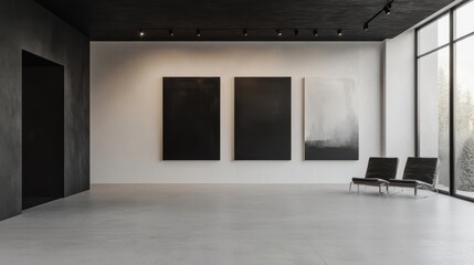 Wall Mural - A modern art gallery featuring three abstract black paintings, minimalist design, and large windows allowing natural light.