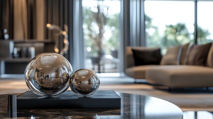 Wall Mural - A modern living space featuring decorative glass spheres on a sleek tabletop, with a cozy sofa and large windows revealing greenery outside.