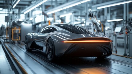 Fototapete - A sleek silver sports car moves along an automated production line in a modern factory.