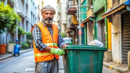 Working Man Standing Near Dustbin On Street