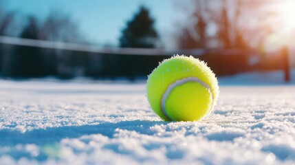 A bright yellow tennis ball resting on a snowy ground under sunlight, showcasing winter sports.