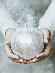 Enchanting Silver Pumpkin Held in Misty Hands