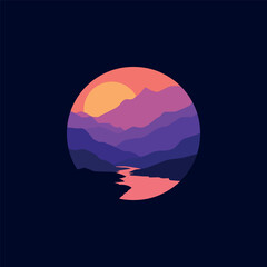 Landscape mountains illustration in circle.