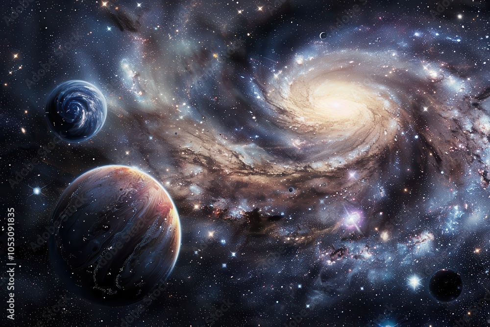 Planets and stars in the vastness of space create a mesmerizing cosmic ...