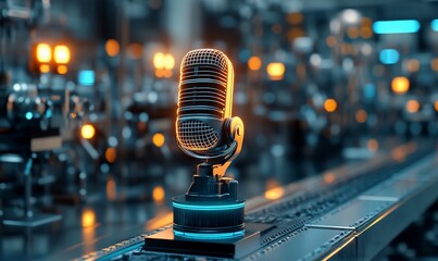 Fototapete - A vintage microphone on a futuristic production line with glowing lights and a blurred background of machinery.