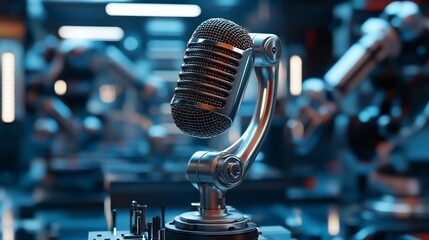 Fototapete - A vintage microphone sits on a stand in a futuristic factory setting with robotic arms in the background.