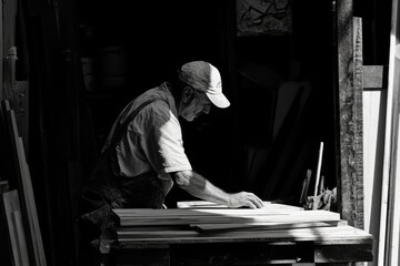 Black-and-white photography of an old man working in his carpentry shop, with wood boards on the table.