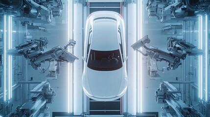 Fototapete - A white car is being assembled on an automated assembly line in a factory.