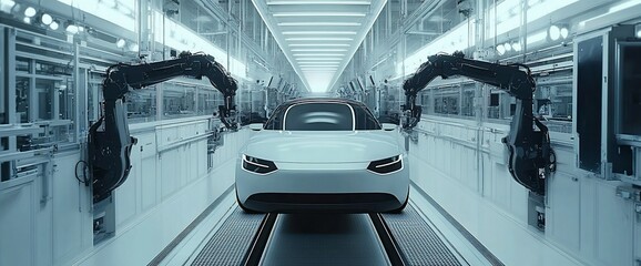 Poster - A white car is being assembled on a production line in a modern factory, with two robotic arms on either side of the car.