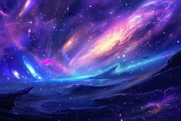 Wall Mural - Glowing Nebula and Distant Galaxy with Purple Rocks
