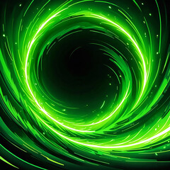 A swirling vortex of green light against a black background. The vortex is created by multiple overlapping streaks of glowing green and white light. The effect creates a sense of movement and energy.