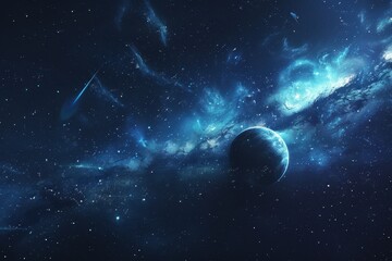 Wall Mural - Breathtaking digital painting of a distant planet in a vast and colorful nebula.