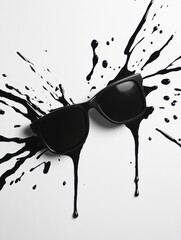 Stylish black sunglasses with a splash of paint on a white background, perfect for fashion and design.