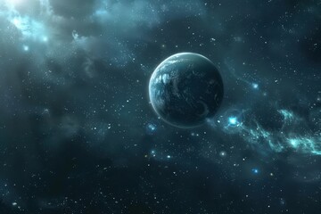 Wall Mural - Glowing blue planet in the vastness of space surrounded by stars and nebulae.