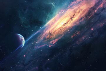 Wall Mural - Colorful spiral galaxy with a blue planet