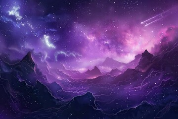 Wall Mural - Purple mountains under a starry night sky with shooting stars