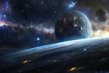 Wall Mural - Breathtaking view of a distant exoplanet with a glowing atmosphere and a starry night sky.