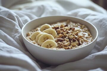 a bowl of oatmeal topped with peanut butter and cut bananas 