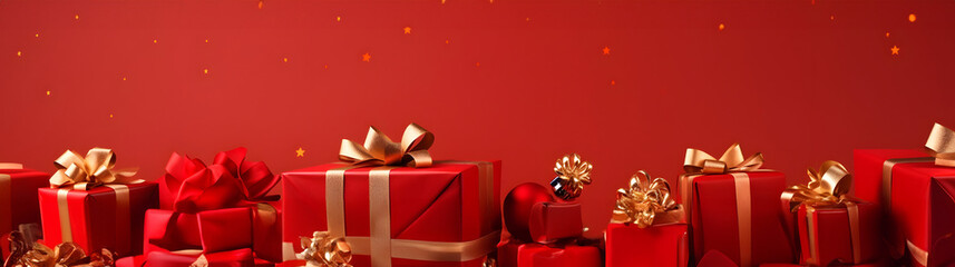 Wall Mural - red christmas gifts with golden ribbons and decorations in a row on red abstract background. horizon